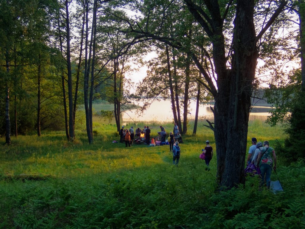 Personer sitter på gräset mellan träd vid en sjö
